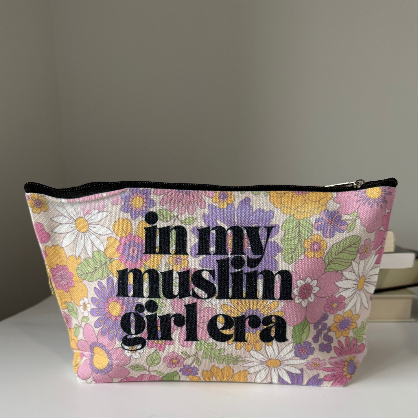 "In my muslim girl era" floral pouch
